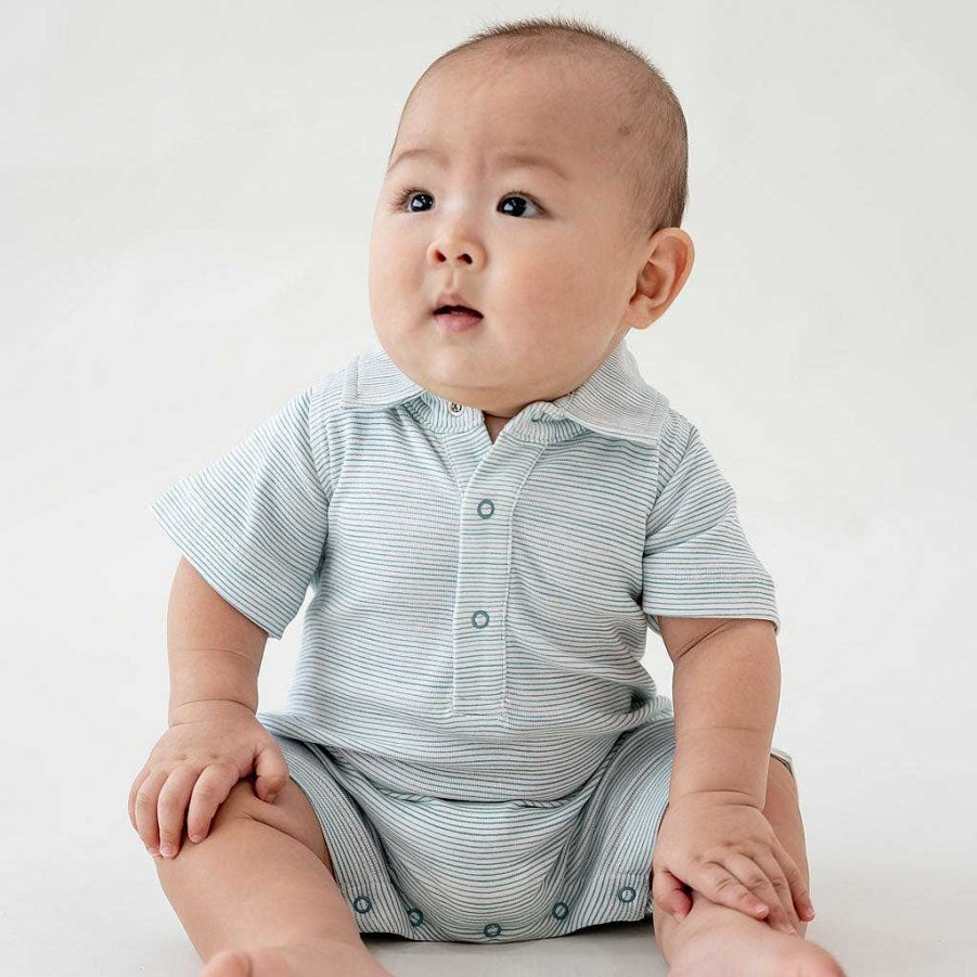 Dress Le Petit Society | Motherswork X Le Petit Society Baby Boy Organic Polo Romper In Blue Stripes