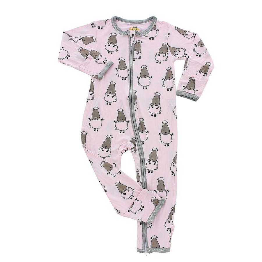 Dress Baa Baa Sheepz | Baa Baa Sheepz Romper Zip Big Sheepz Pink With Grey Border