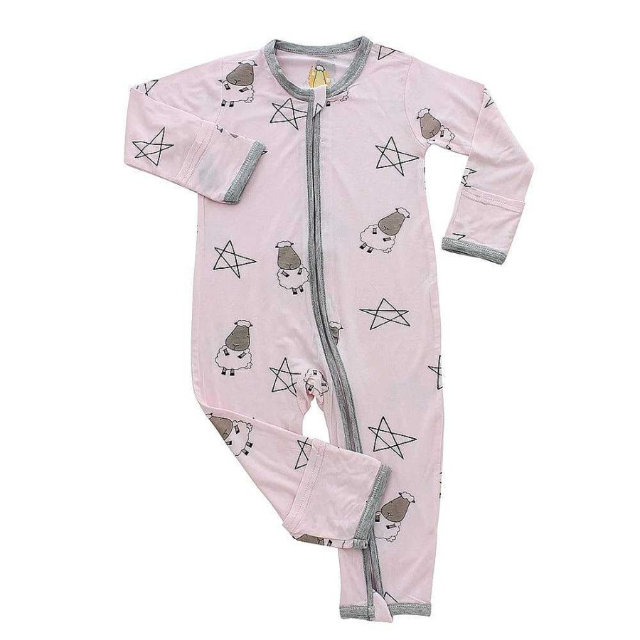 Dress Baa Baa Sheepz | Baa Baa Sheepz Romper Zip Big Star & Sheepz Pink With Grey Border