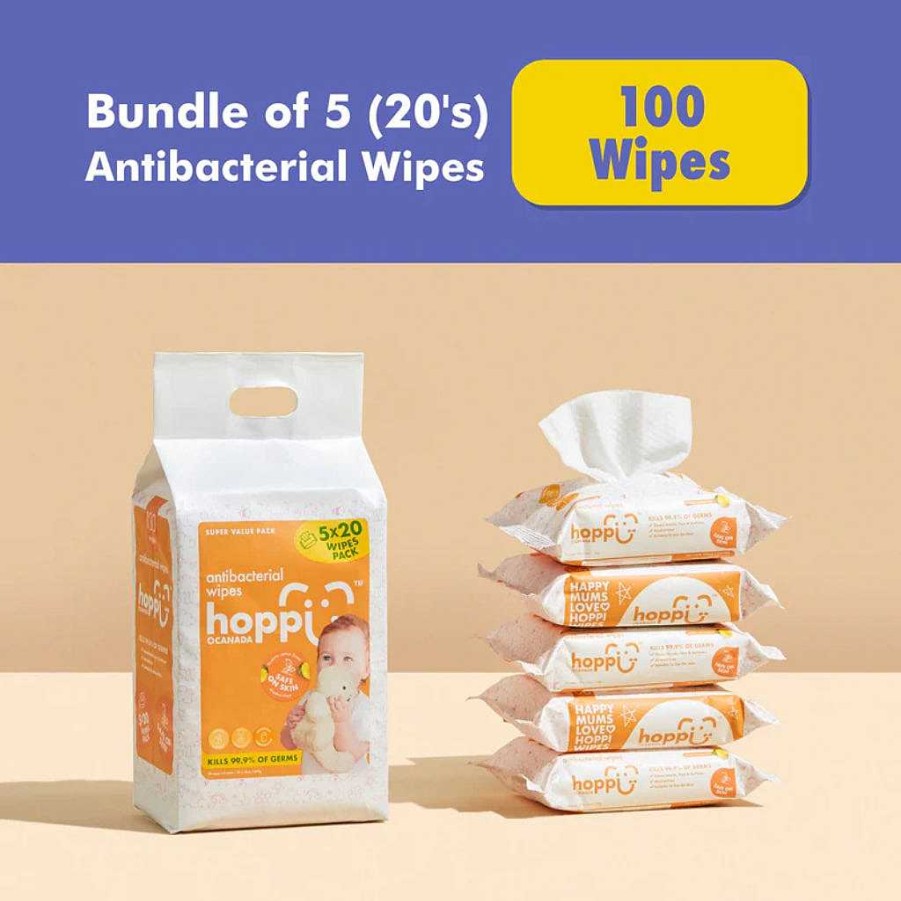 Poop Hoppi Baby Wipes | Hoppi Baby Antibacterial Wipes [Bundle Of 5] (5X20 Wipes)