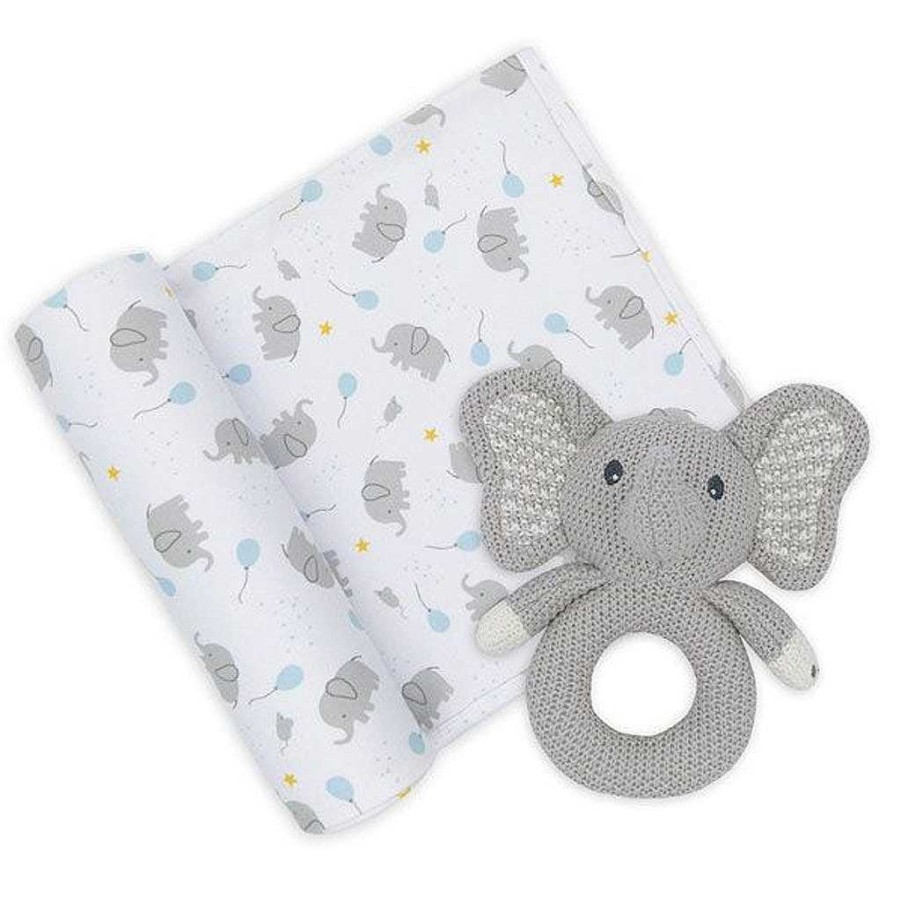 Sleep Living Textiles | Living Textiles Jersey Swaddle & Rattle Gift Set - Mason/Elephant